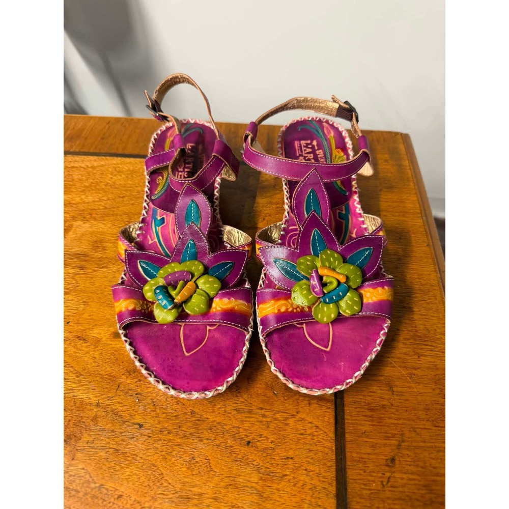 Spring Step LArtiste Womens 39 Purple Poolside Wedge Sandal Floral Leather Boho